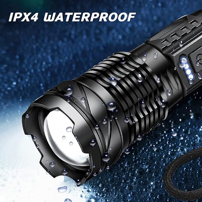 Fitlybuy zoomable black LED flashlight with IPX4 waterproof rating, featuring a rugged, rain-covered design.