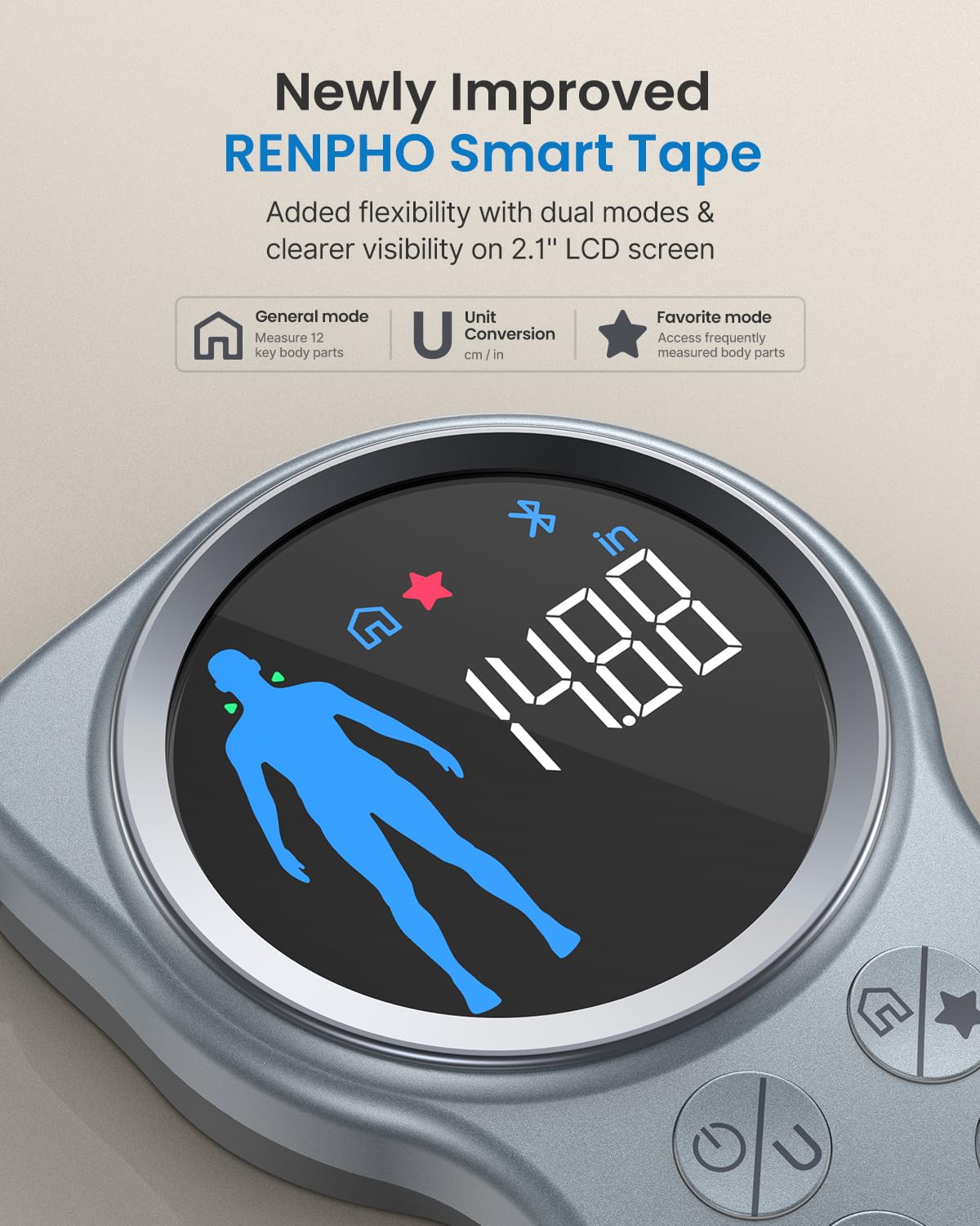 Fitlybuy Smart Tape Measure+ with a circular LCD display showing a 14.88-inch measurement, blue body graphic, and buttons.