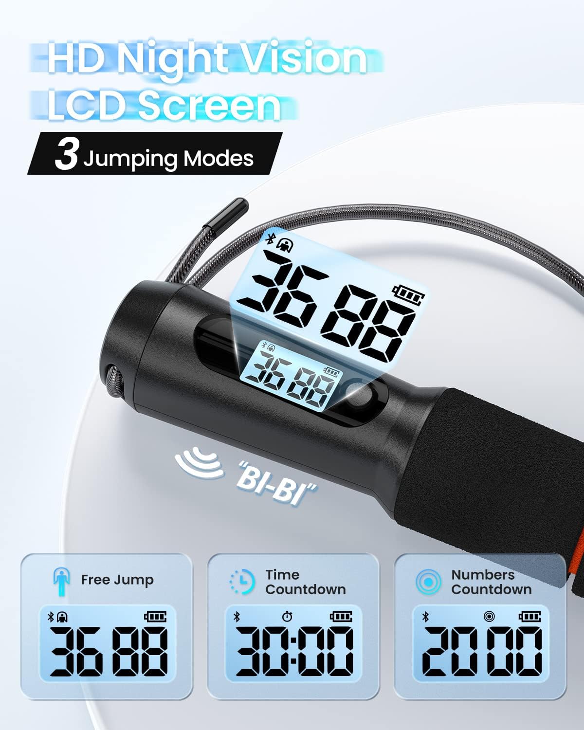 Fitlybuy Smart Jump Rope in black with an HD LCD screen displaying jump stats and 3 workout modes for precision tracking.