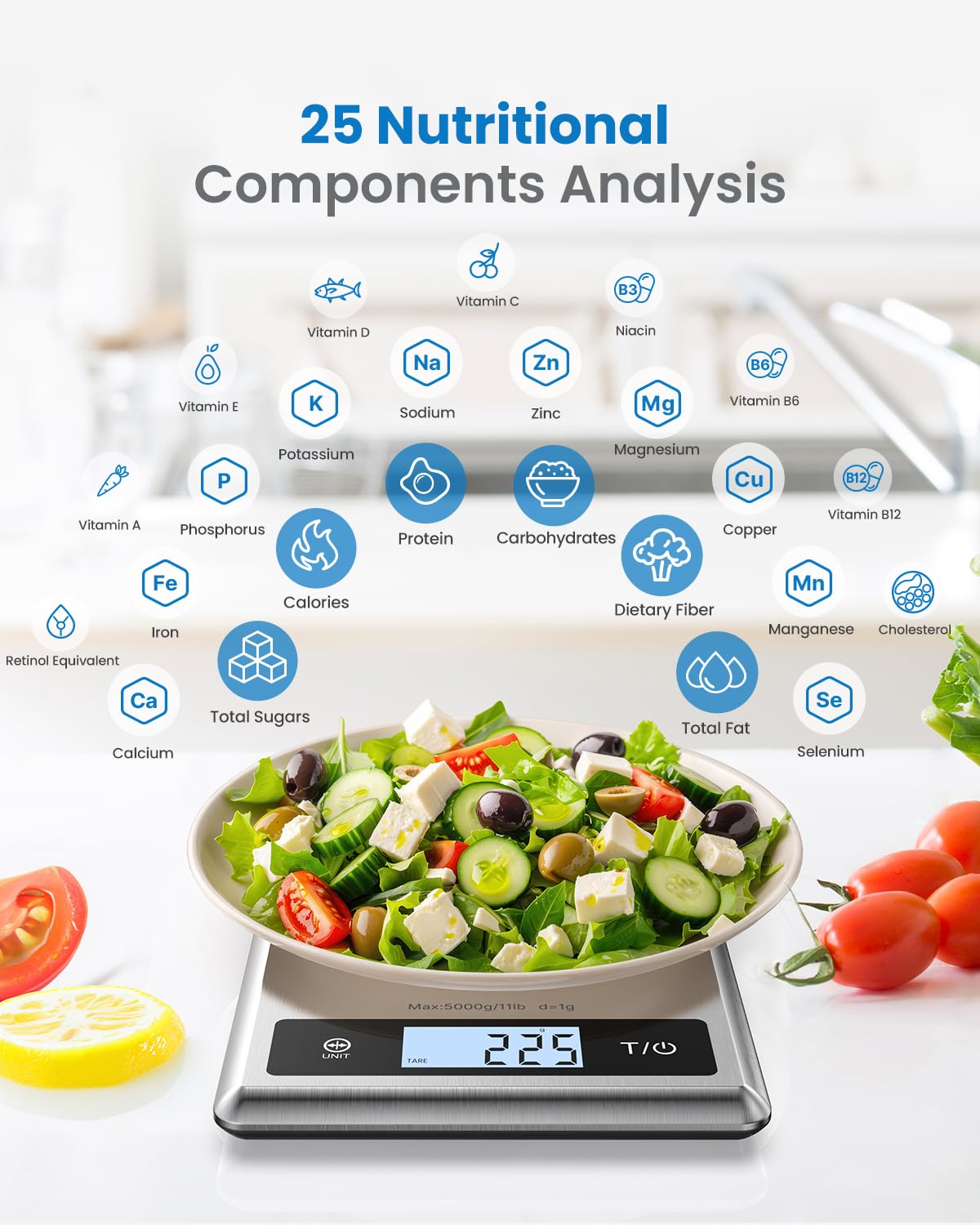Fitlybuy Calibra 1 digital scale with PrecisionTrack, showing a salad bowl and 25 nutritional analysis icons.