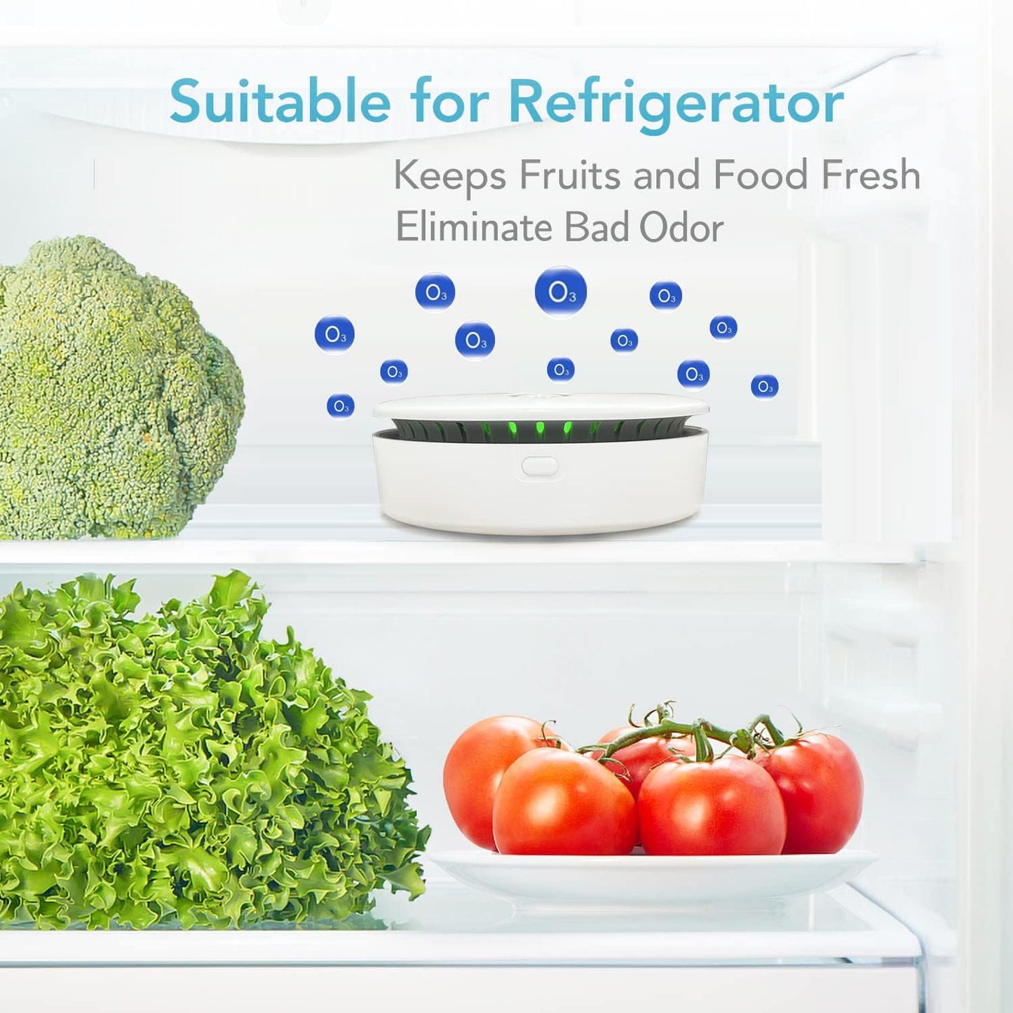 White, round Fitlybuy FreshAir ozone purifier in a refrigerator with fresh produce, emitting O3 molecules to remove odors.