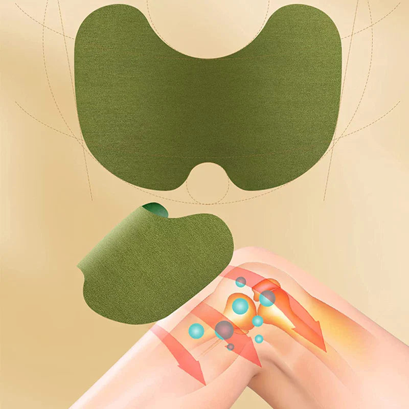 Green herbal knee patches shown above a diagram of a human knee joint receiving pain relief.