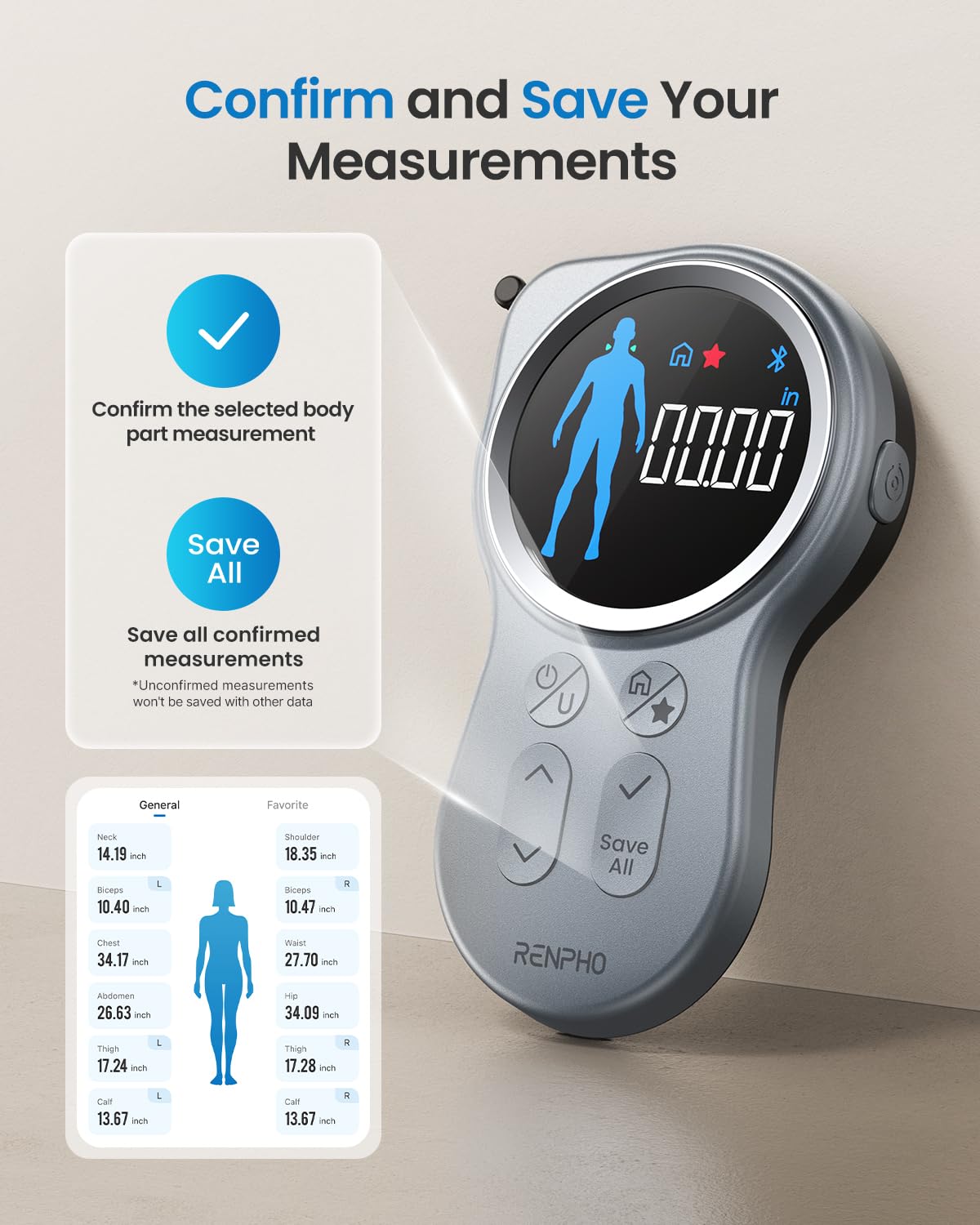 Fitlybuy Smart Tape Measure with digital display, body part icons, and app interface showing saved measurements.