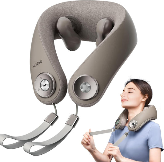 Taupe U-shaped neck massager with heat therapy and hand straps, shown in isolation and on a relaxed woman.