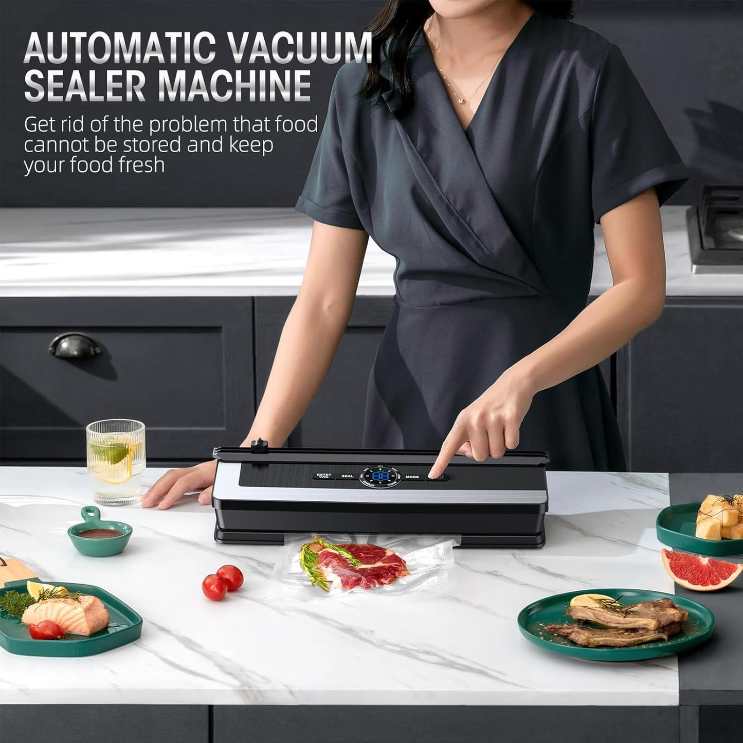 Black Fitlybuy 8-in-1 vacuum sealer with built-in cutter on a kitchen counter, sealing a steak in a plastic bag.
