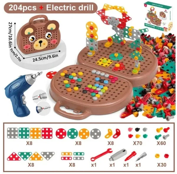 Fitlybuy WonderBuild STEM toy set with bear-themed carry case, electric drill, and 204 colorful building pieces.