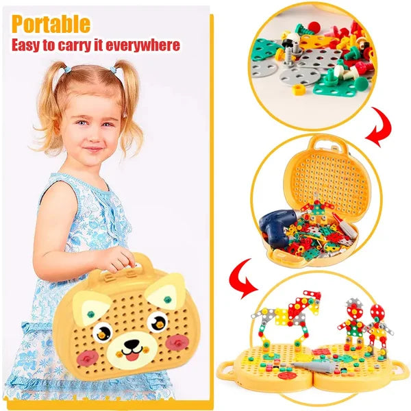 A girl holding a yellow bear-shaped WonderBuild Montessori STEM toy box, with parts and completed models shown.