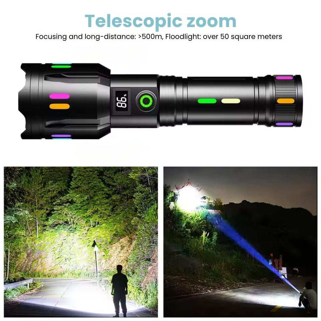 Fitlybuy TacticalPro 9000 black LED flashlight with digital battery display, showcasing long-distance zoom at night.