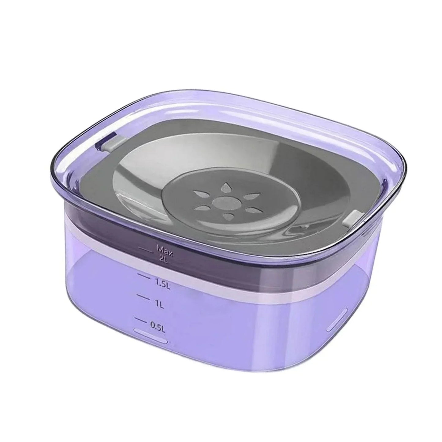 Fitlybuy purple anti-spill pet water bowl with a 2L capacity, grey floating disk, and clear measurement markings.