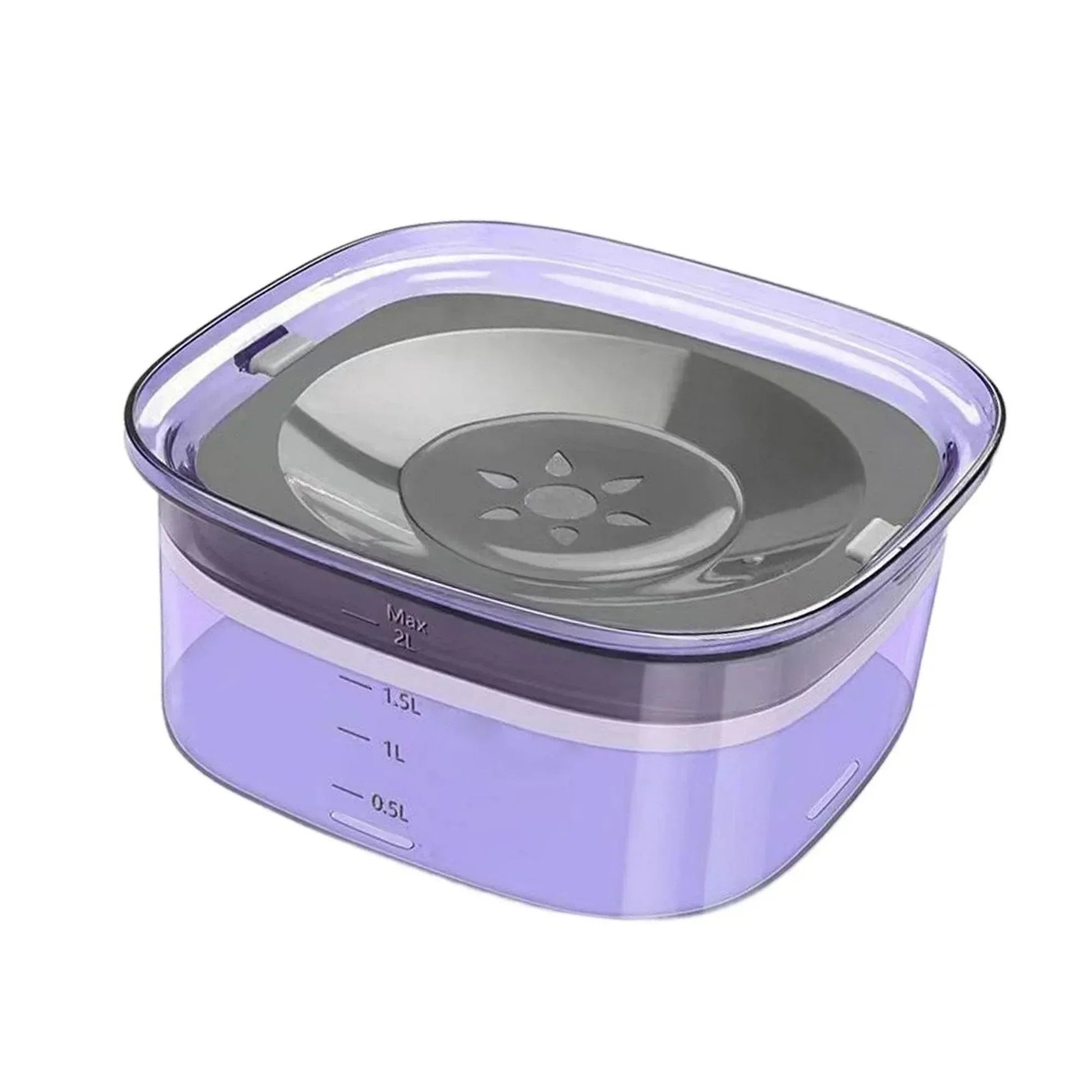 Fitlybuy purple anti-spill pet water bowl with a 2L capacity, grey floating disk, and clear measurement markings.