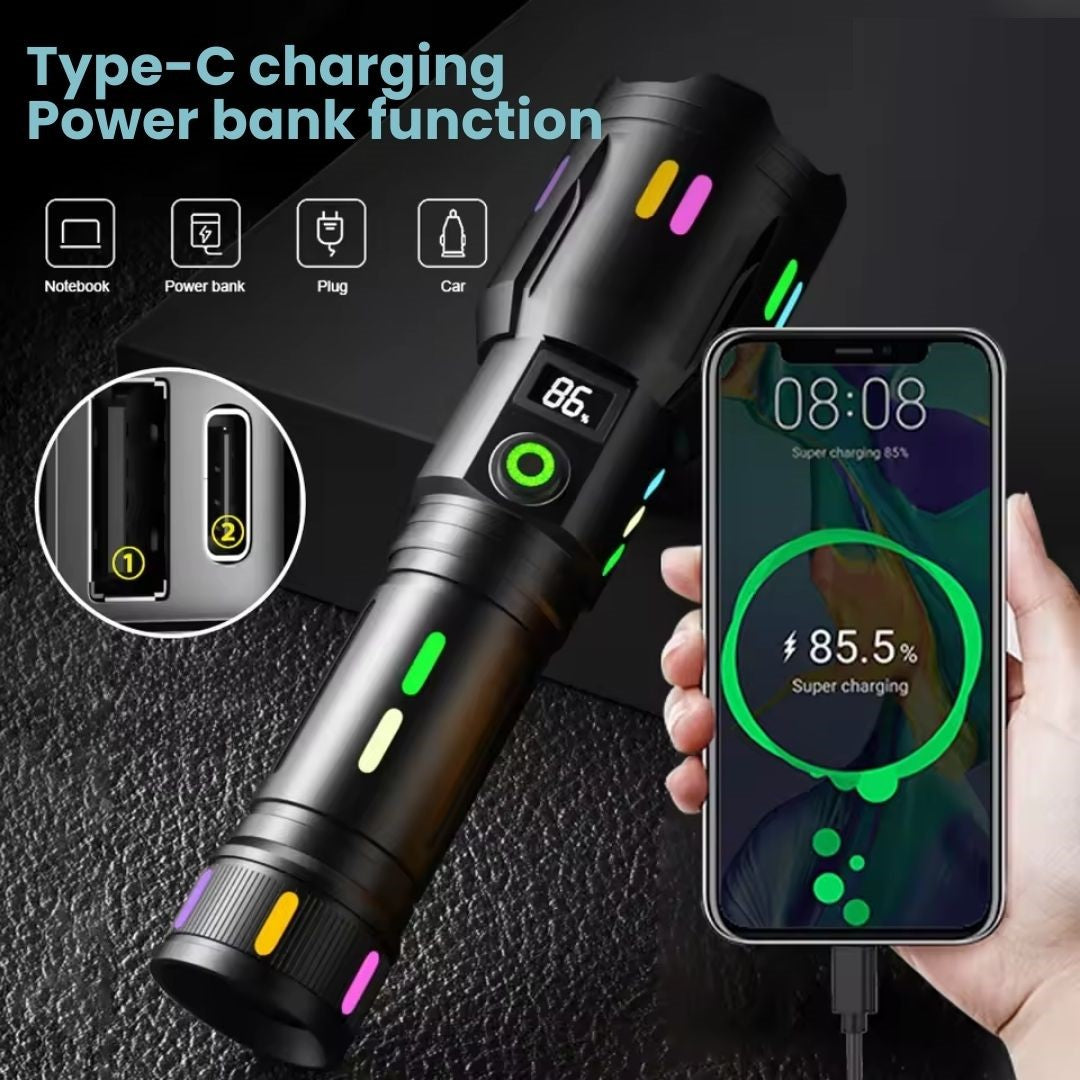 Black Fitlybuy TacticalPro 9000 LED flashlight with battery display, charging a smartphone via USB power bank feature.