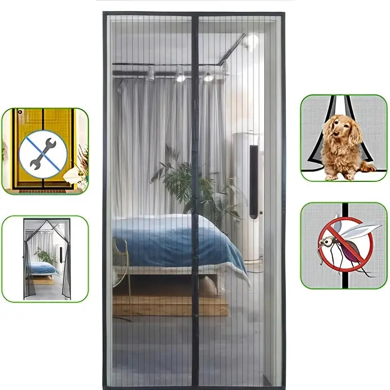 Fitlybuy magnetic mesh fly screen door in black, featuring auto-close, tool-free installation, and insect protection.