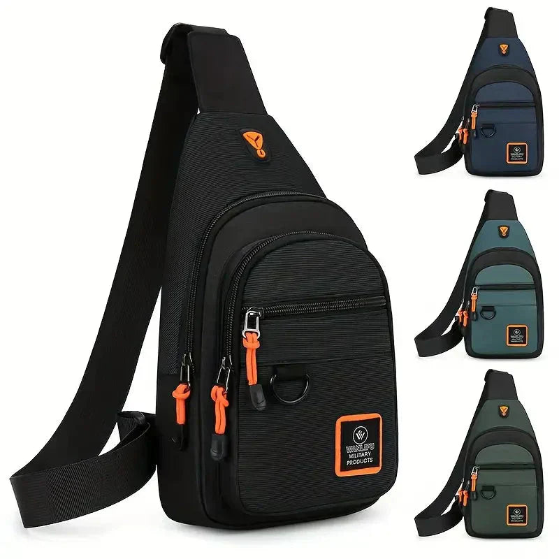 Fitlybuy UrbanTrail waterproof men's crossbody sling bags with zip pockets and orange accents in four color variations.