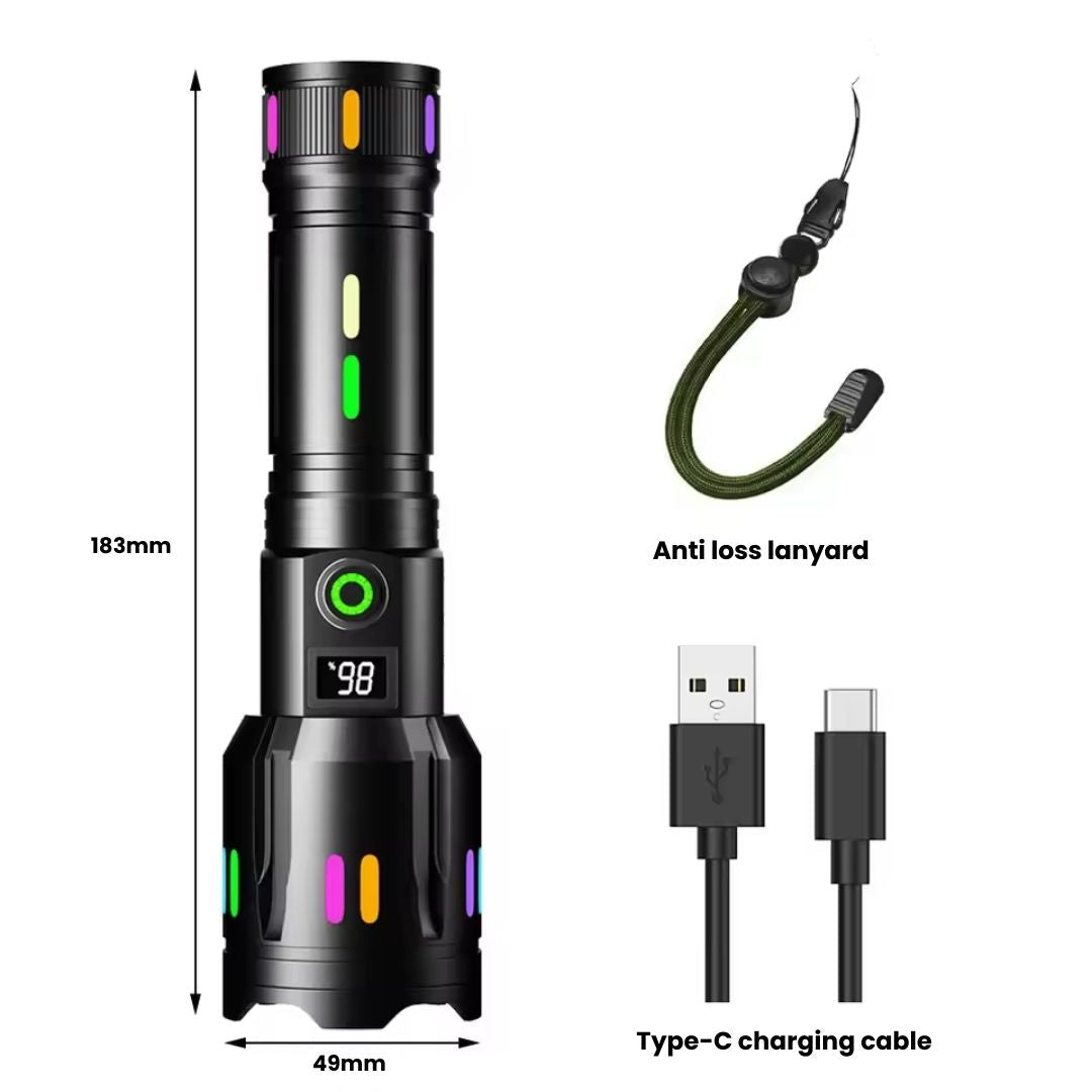 Fitlybuy TacticalPro 9000 LED flashlight with digital battery display, lanyard, and Type-C charging cable.