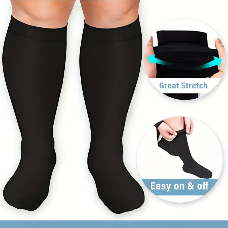 Fitlybuy VitalFlow black plus-size compression socks shown with stretchy material and easy-on features.