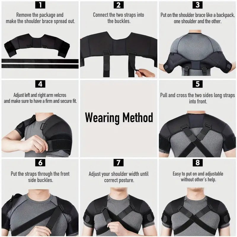 Fitlybuy black dual shoulder compression wrap: 8-step guide demonstrating adjustable straps, buckles, and velcro fit.