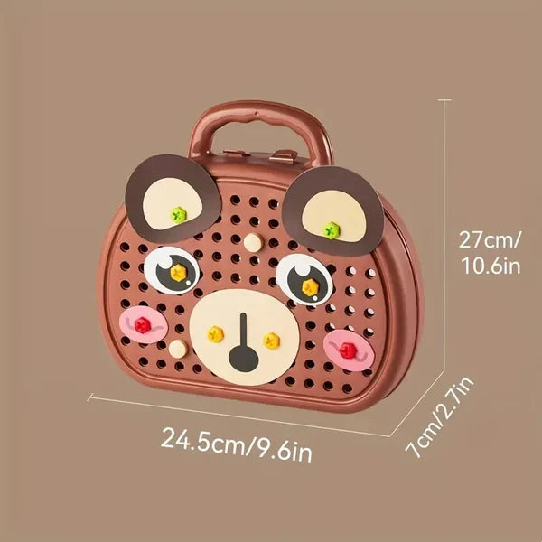 Brown bear-shaped Montessori toy case with pegboard face for STEM building, featuring dimensions 27x24.5x7cm.