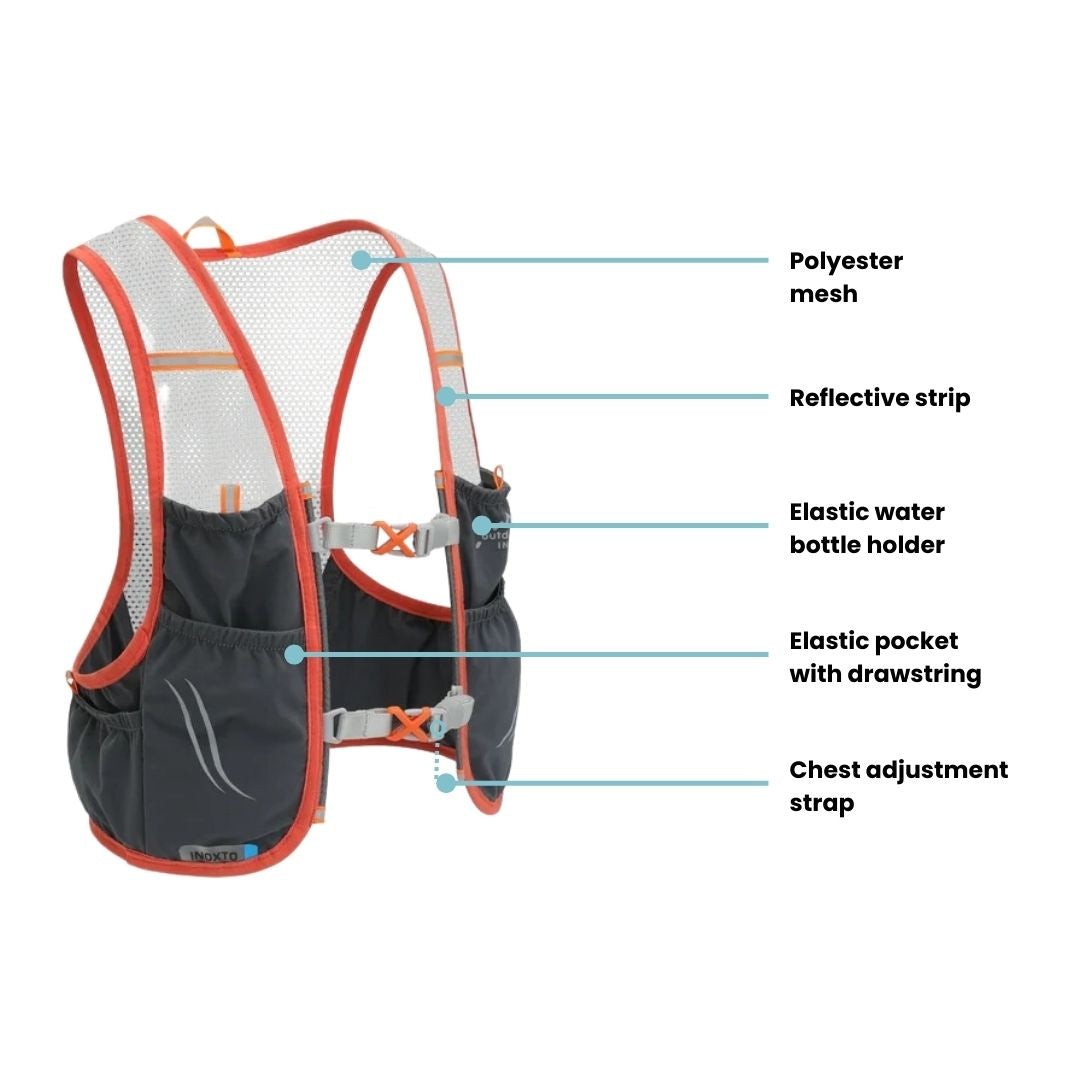 Fitlybuy grey and orange trail running hydration vest with mesh, reflective strips, and adjustable storage pockets.