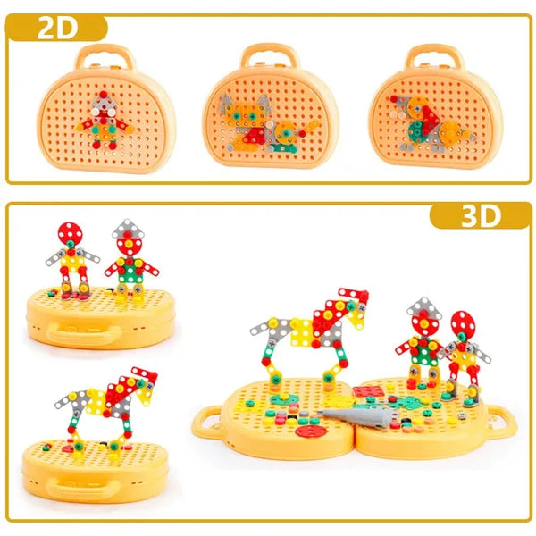 Fitlybuy WonderBuild Montessori toy box: yellow carrying case with colorful mosaic 2D and buildable 3D STEM figures.