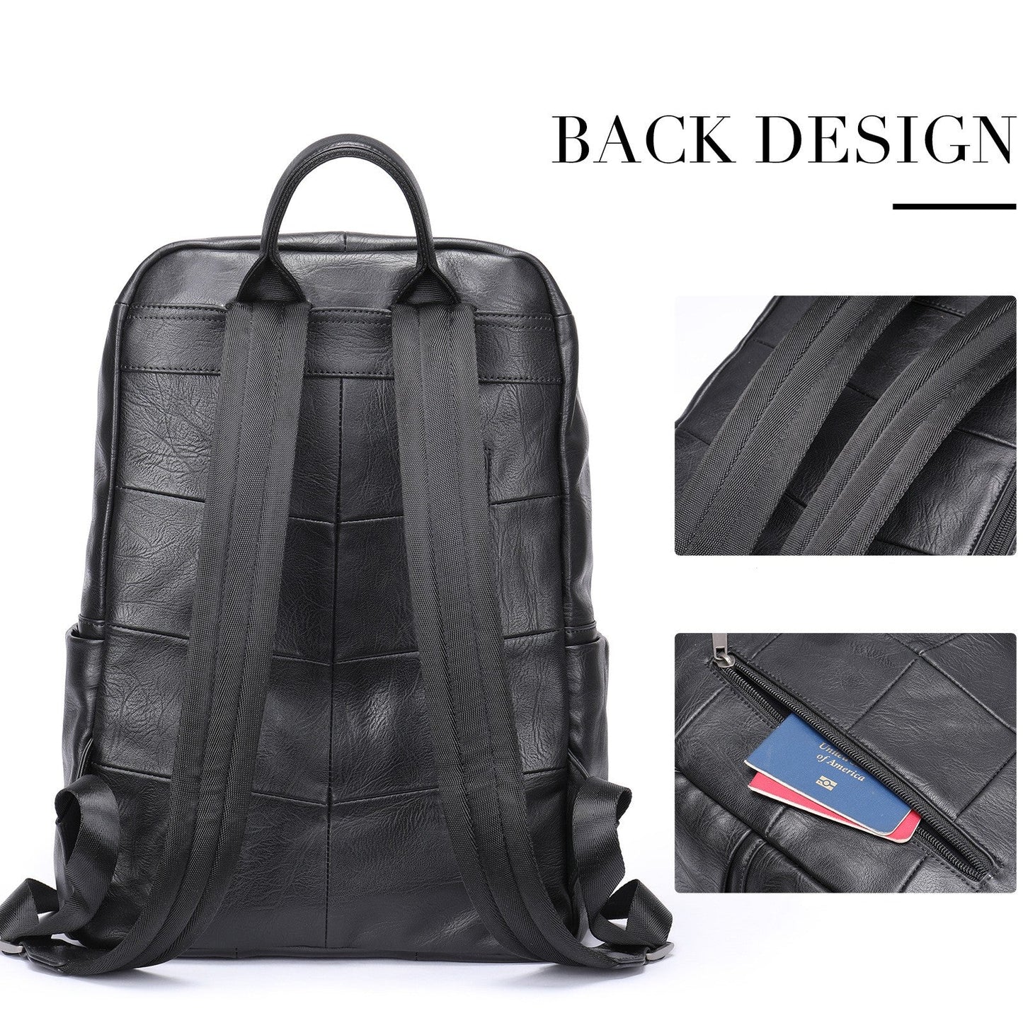 Fitlybuy Prestige Voyager black leather backpack showing back design, padded straps, and a hidden passport zipper pocket.