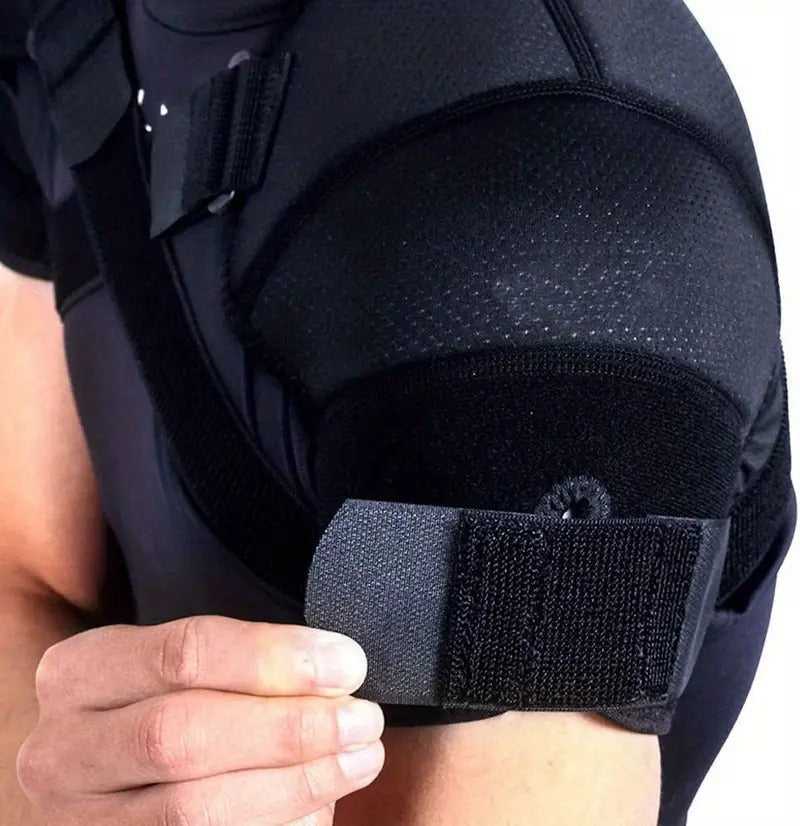 Fitlybuy dual shoulder compression wrap in black, featuring adjustable velcro straps for a secure, adaptive fit.