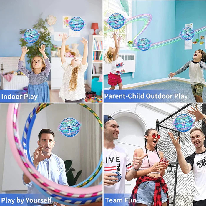 Fitlybuy blue light-up flying hover ball toy with cage design, shown in indoor and outdoor play for kids and adults.