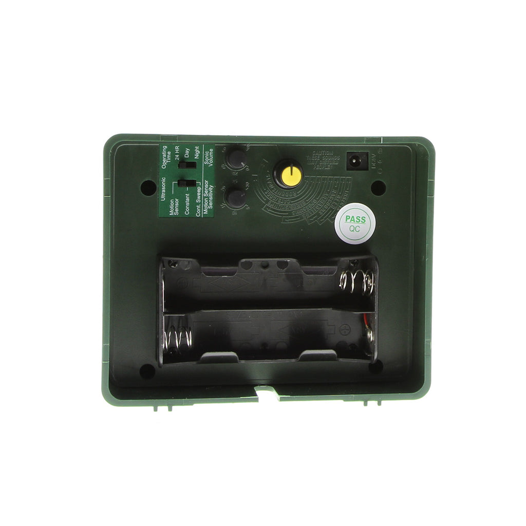 Fitlybuy Ultrasonic Woodpecker Repeller: Green rectangular device showing battery compartment and control dials.