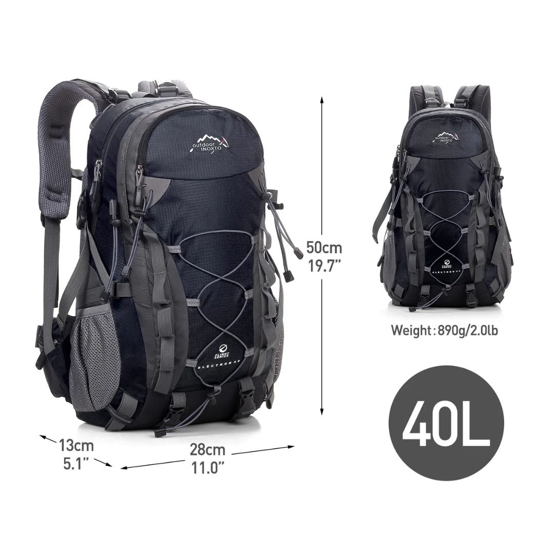Black 40L Fitlybuy Pro outdoor trekking backpack with bungee cords, suspension padding, and detailed size specifications.