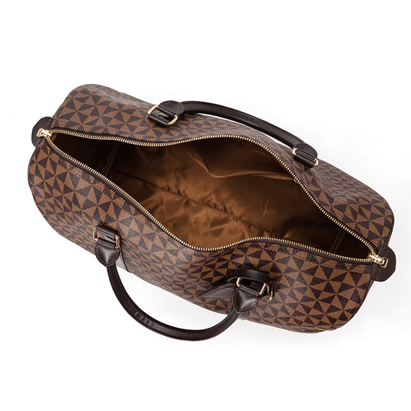 Open Fitlybuy Westman unisex duffle bag with brown geometric print, dark brown handles, and a lined interior.