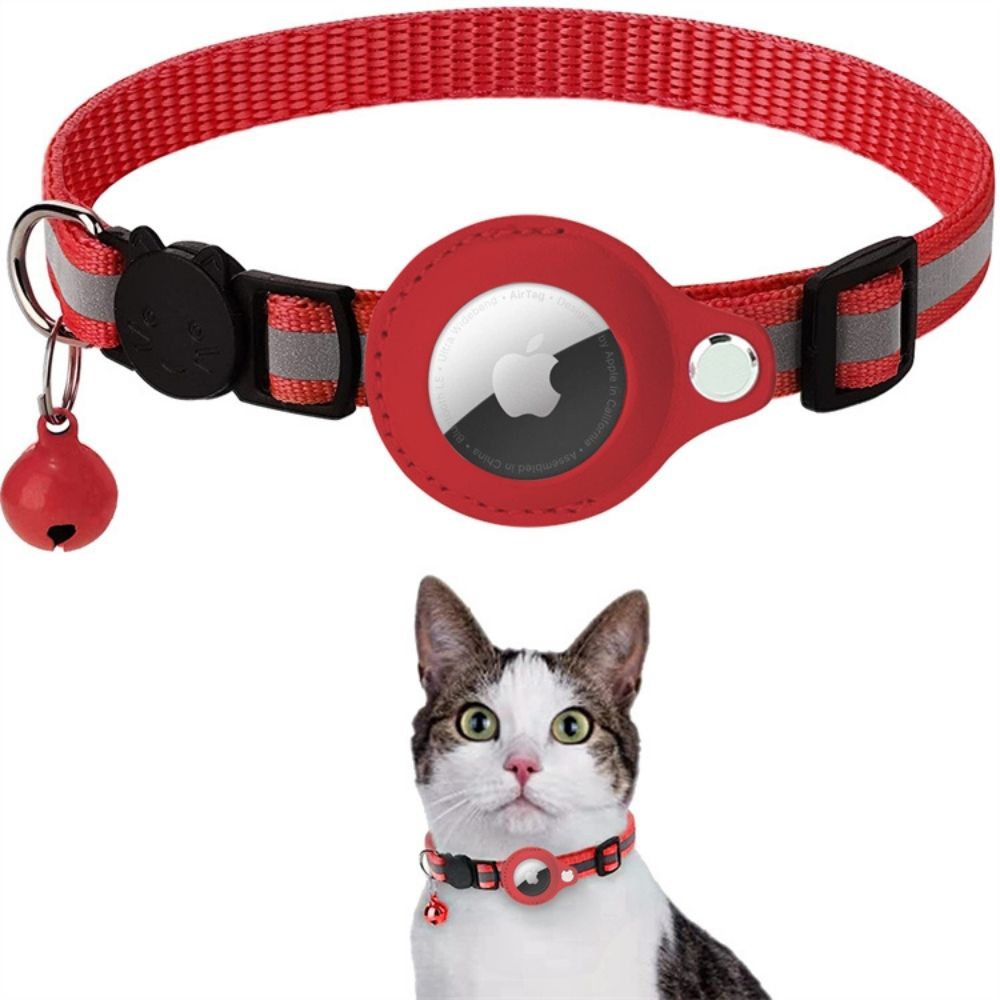 Red reflective cat collar with AirTag holder, safety release, and bell, worn by a cat.