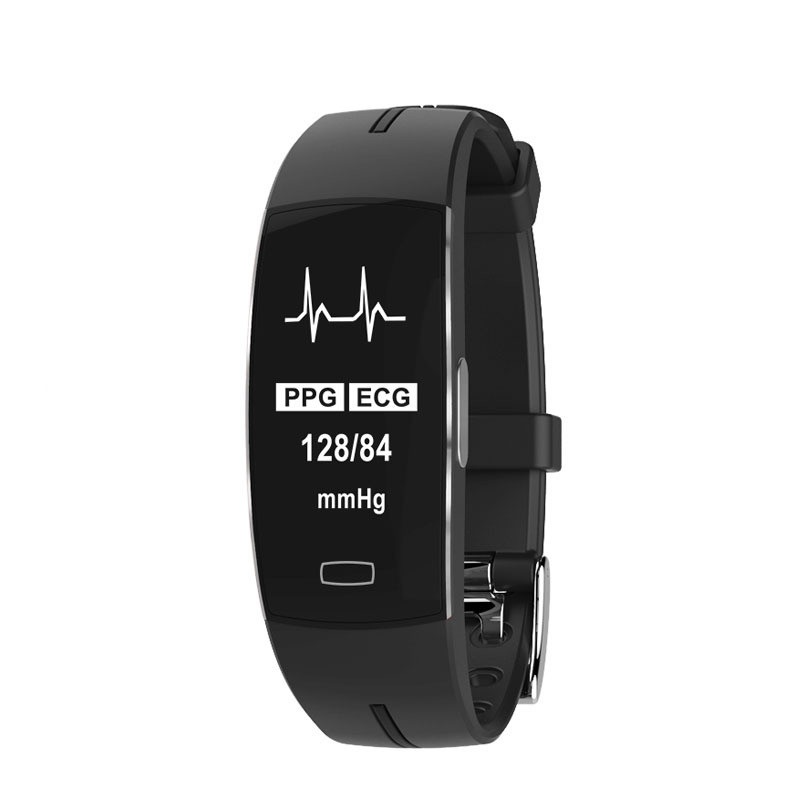 Fitlybuy SmartFit black smartwatch displaying ECG, PPG, and blood pressure readings on a digital screen.