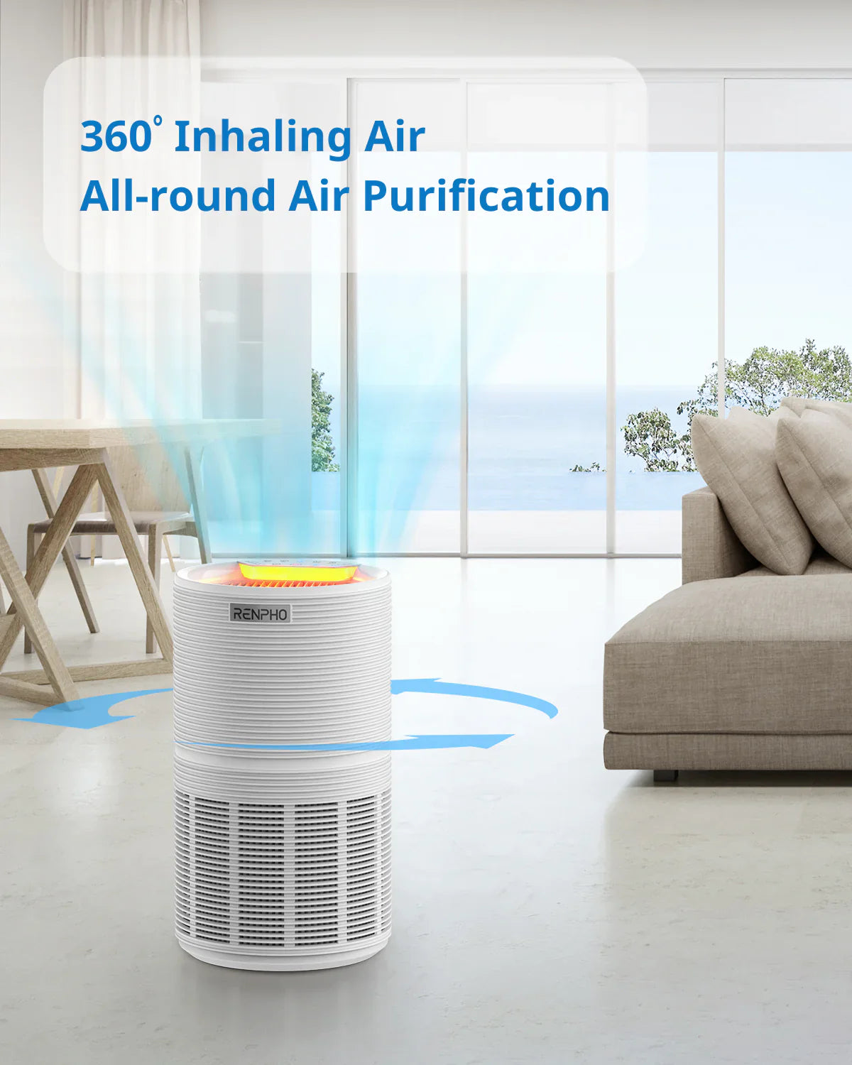 White cylindrical ozone-free air purifier in a modern living room, showing 360-degree intake and purification feature.