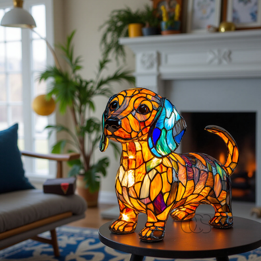 Fitlybuy GlowPaw stained-glass dachshund lamp with multicolored acrylic pieces, glowing on a table in a cozy living room.