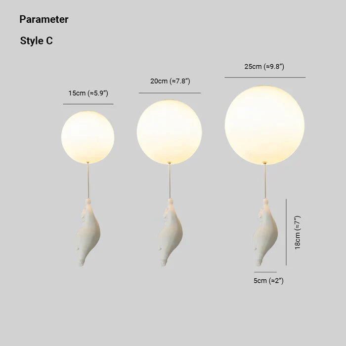 Fitlybuy CloudBear LED pendant lights in 15cm, 20cm, and 25cm sizes, featuring white balloon globes and bear figures.