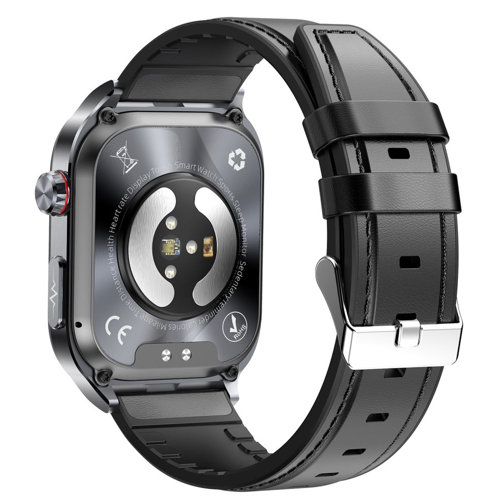 Back view of Fitlybuy Kexi-Life Pro 9 smartwatch with black strap and health monitoring sensors on a metallic case.