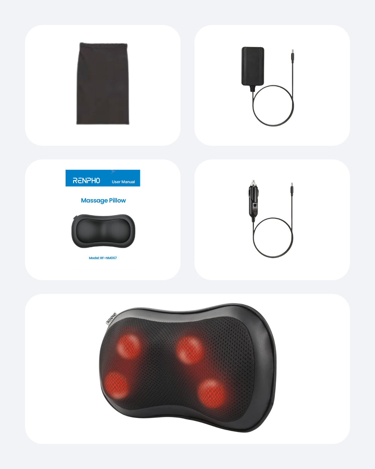Fitlybuy RelaxMax massage pillow with four red heated massage nodes, power adapter, car charger, and user manual.
