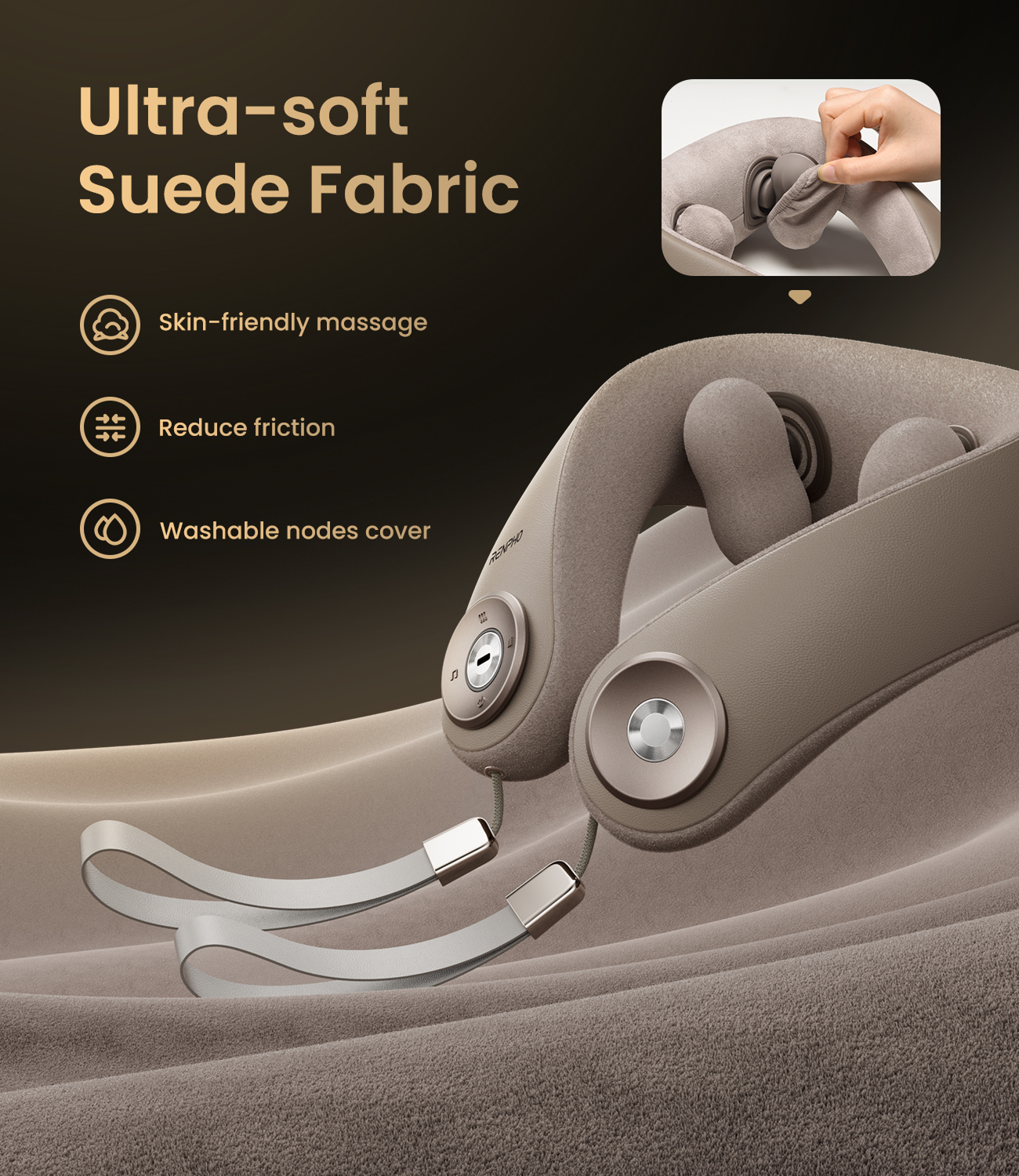 Beige U-neck massager with suede fabric, heat therapy, and washable node covers, featuring control buttons and hand loops.