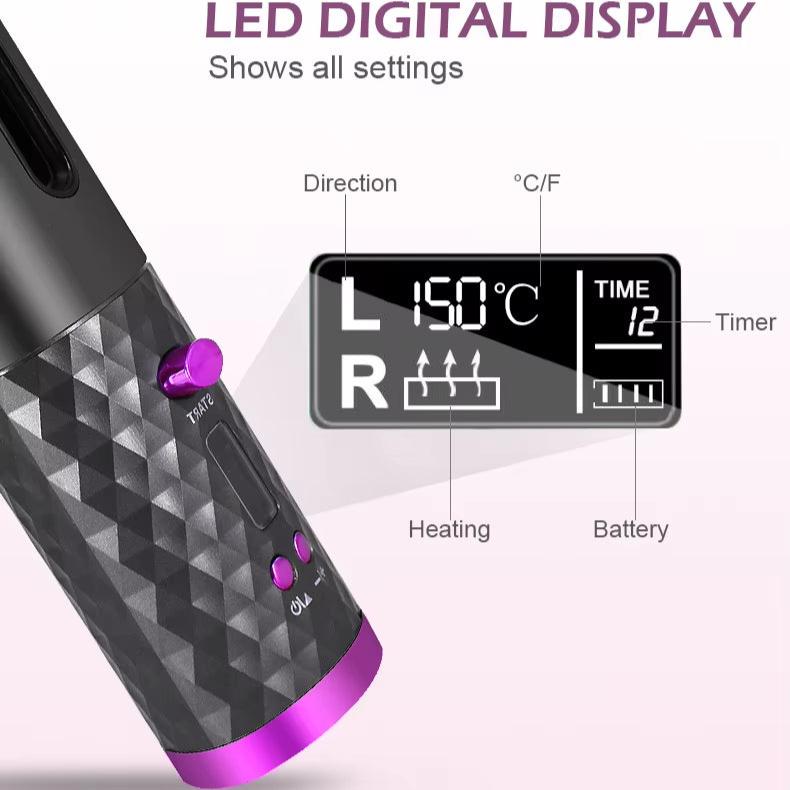 Fitlybuy Amara wireless curling iron with textured black handle, purple accents, and LED display showing settings.
