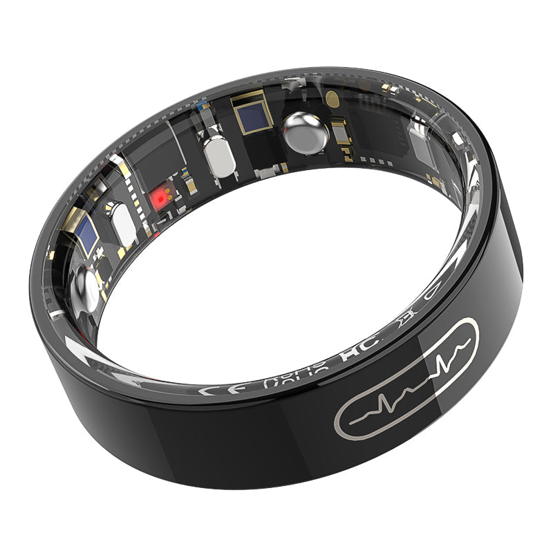 Black Kexi-Life R09 smart health ring showing internal electronic sensors and ECG pulse icon on the outer band.
