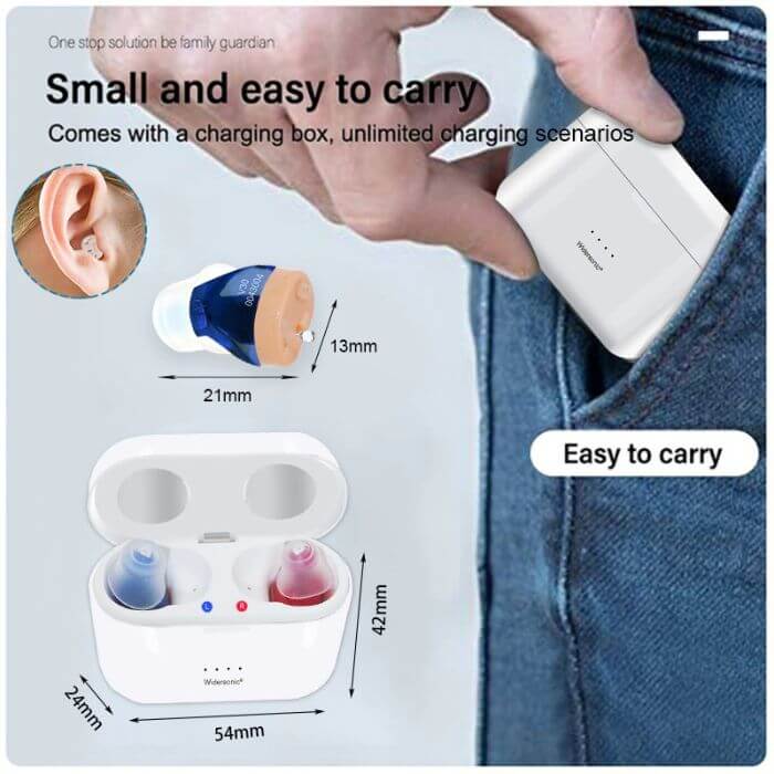 Fitlybuy rechargeable hearing aids in a compact white charging case, shown inside a pocket for easy portability.