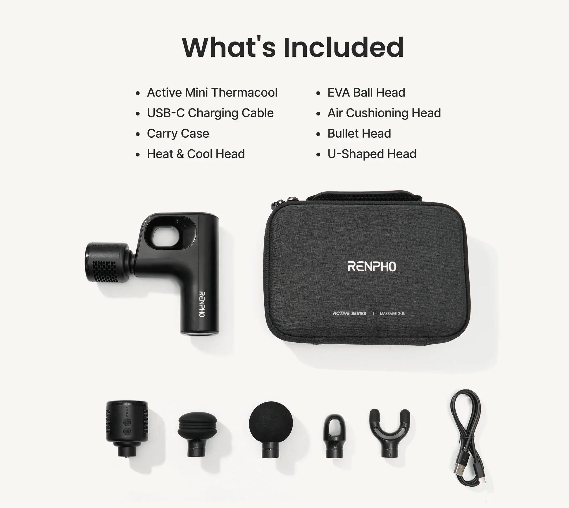Fitlybuy Active Mini Thermacool massage gun with carry case, USB-C cable, and four interchangeable massage head attachments.