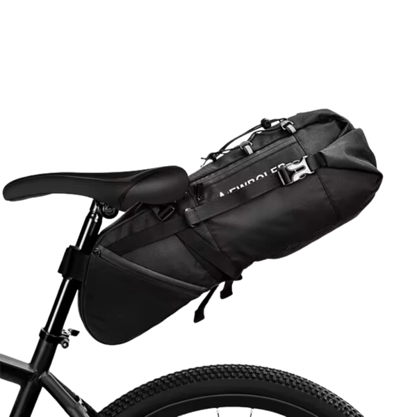 Fitlybuy 10L waterproof black bike saddle bag mounted under a bicycle seat, featuring durable straps and buckles.