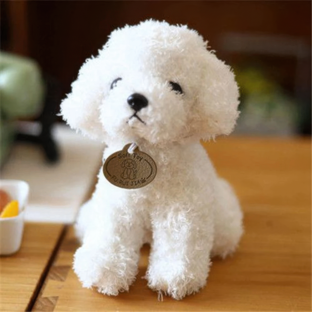 Fitlybuy plush white poodle dog toy with ultra-soft fabric, sitting on a wooden table with an oval "Soft Toy" tag.