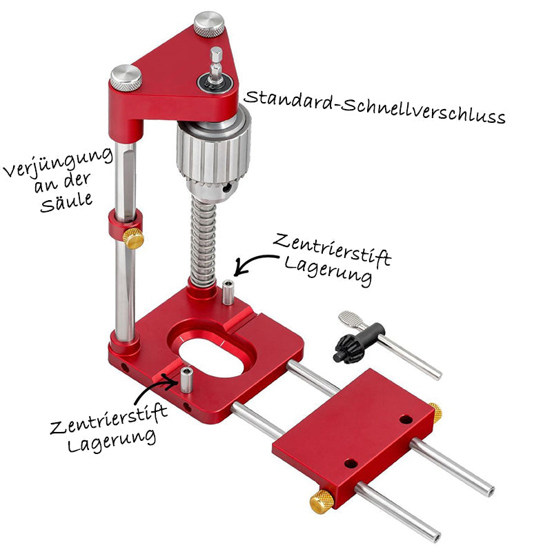 Red Fitlybuy woodworking locator featuring a drill chuck, guide rails, and centering pins for precision drilling.