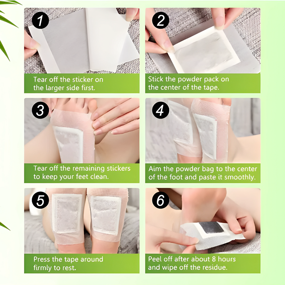Six-step infographic demonstrating how to apply white Fitlybuy bamboo herbal foot detox patches to the soles of feet.