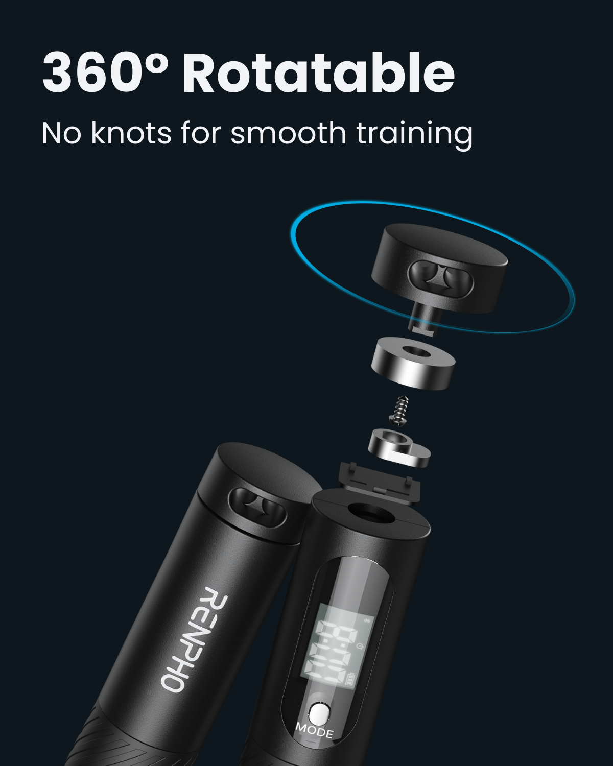 Exploded view of a black smart jump rope handle showing 360-degree rotatable ball mechanism and digital tracking display.