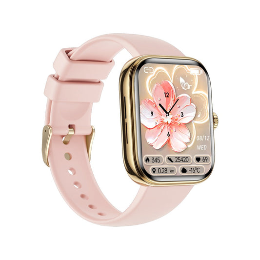Pink Fitlybuy Kexi-Life Smartwatch with gold frame, flower watch face, and health tracking display on white background.