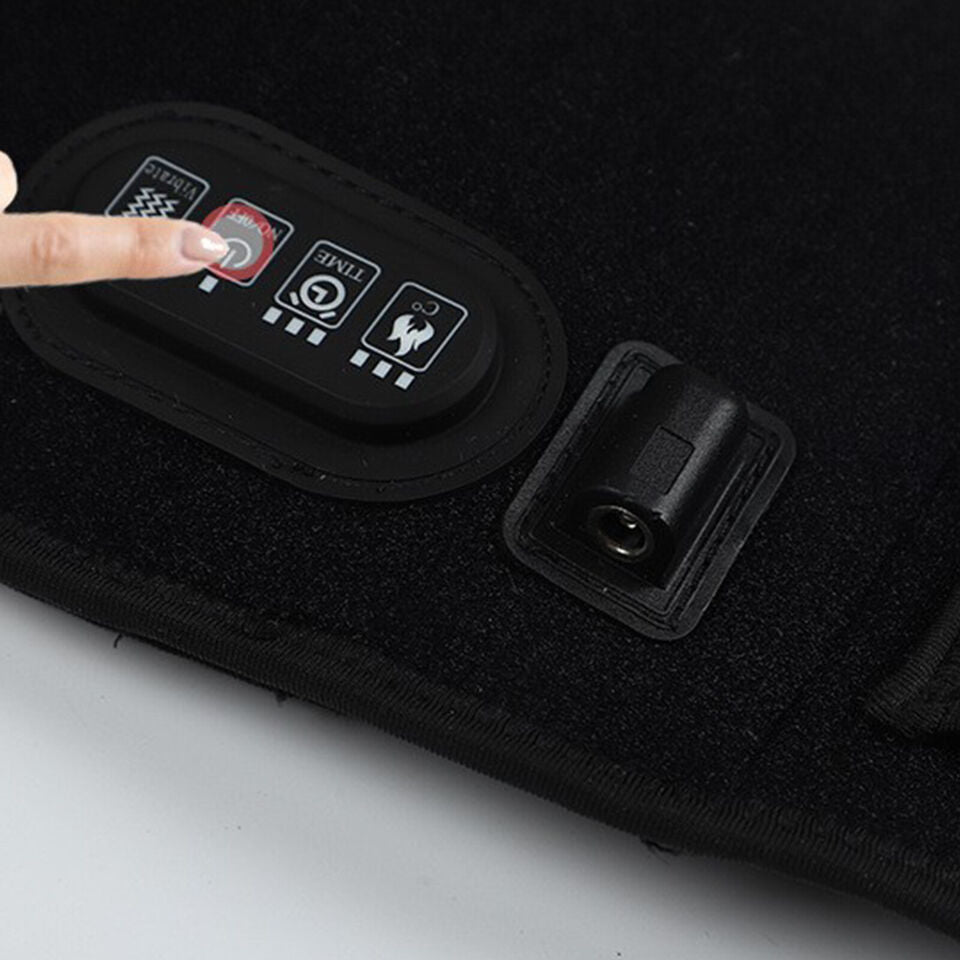 Black Fitlybuy slimming belt with a finger pressing the red power button on the digital control panel.