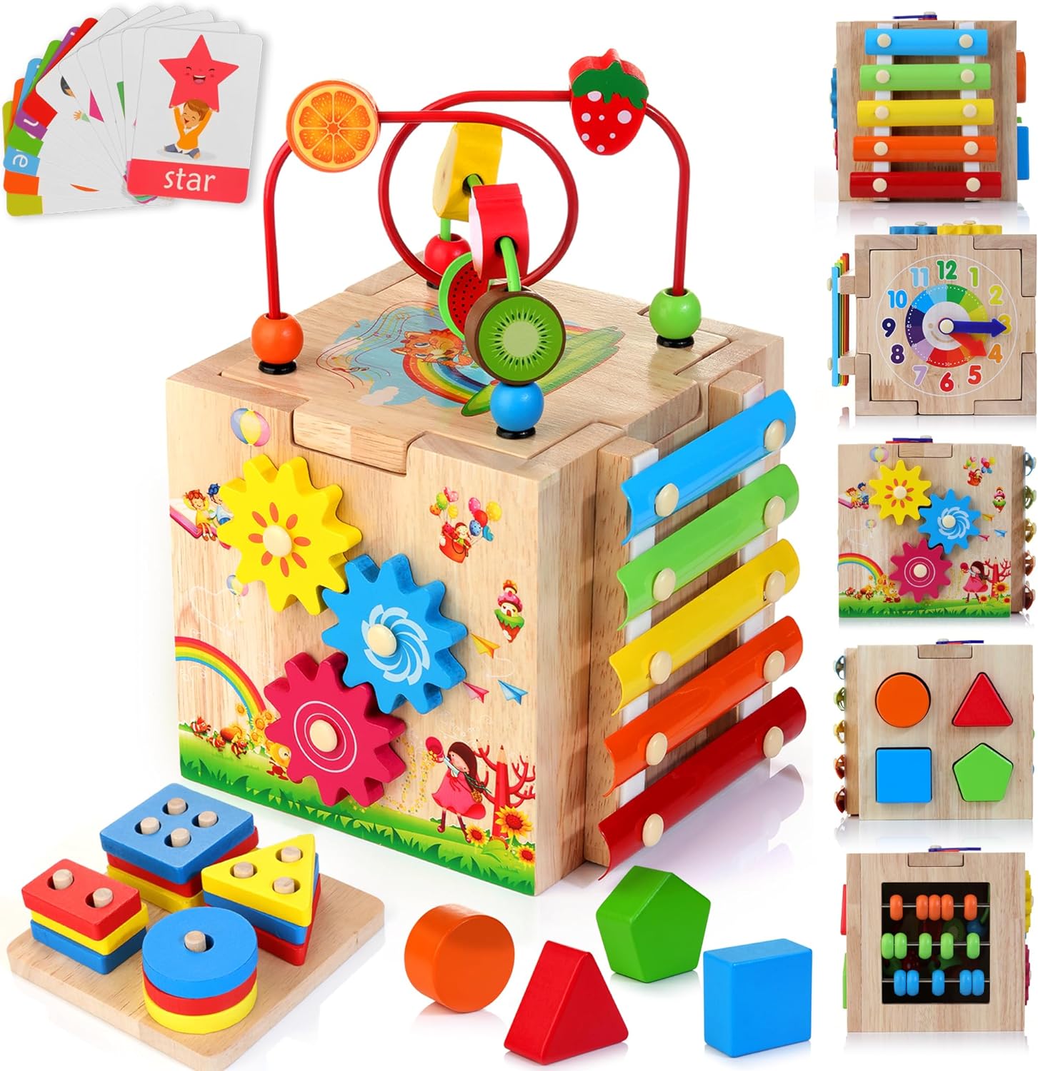 Fitlybuy EduCube 8-in-1 wooden activity center with colorful gears, bead maze, shape sorter, xylophone, and flashcards.