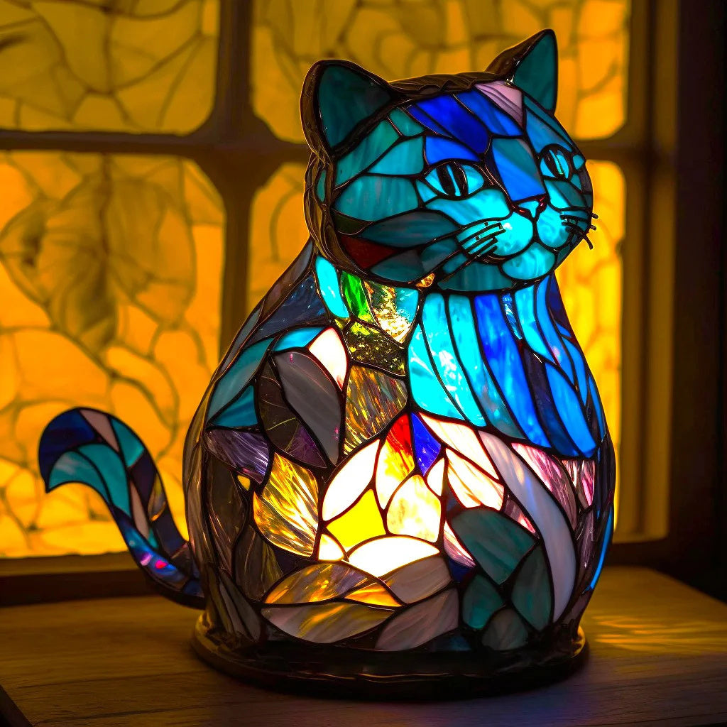 Blue stained-glass cat lamp with ambient light, featuring a mosaic design, sitting on a wooden surface by a window.